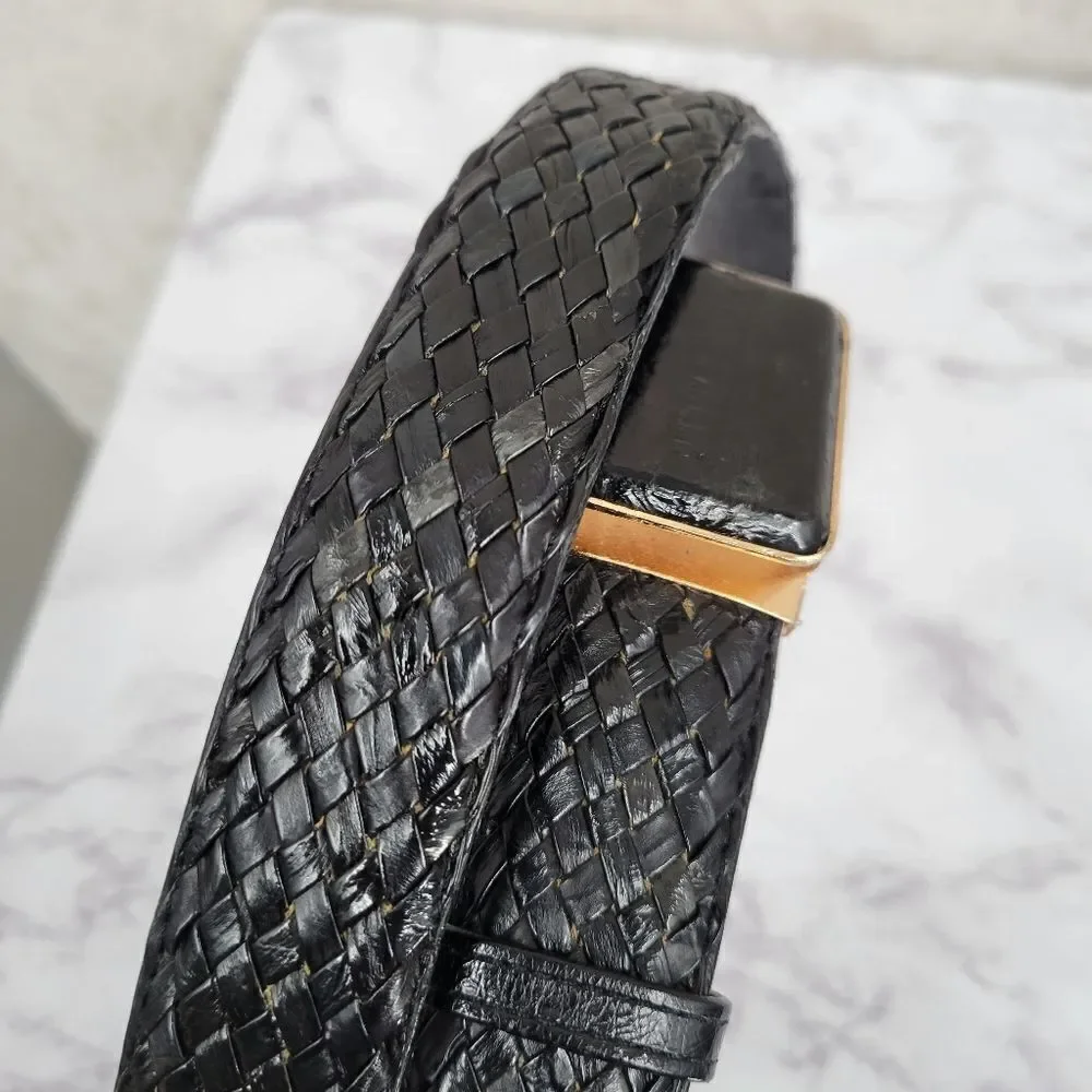 Vintage Belt Woven Black EEL Skin Leather and Gold Toned Buckle Men's Unisex
